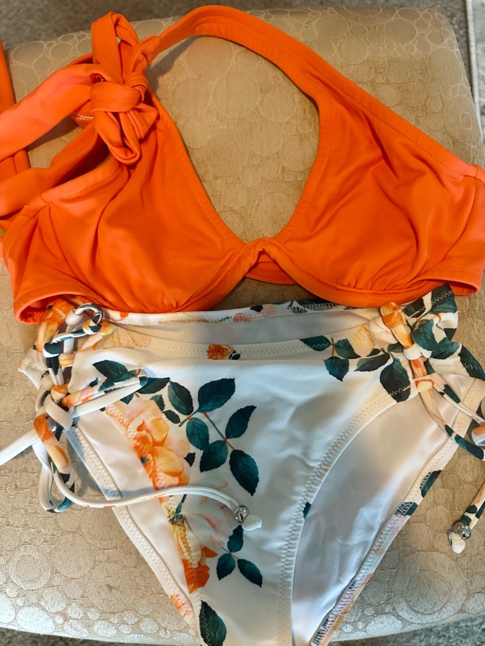 Orange Halter Bikini Top with Floral Tie-Side Bottoms